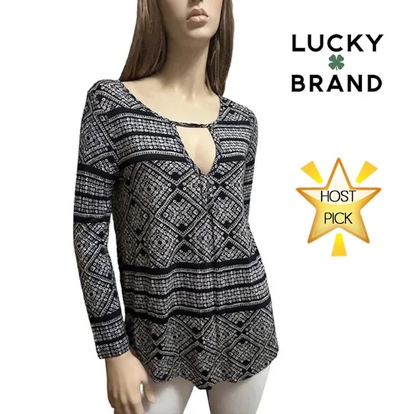 LUCKY BRAND Geometric Boho Blouse Top Shirt Plunge V-Neck Cutout Keyhole Rayon - Picture 1 of 16